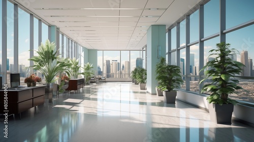 An office building hallway with large windows, houseplants in flowerpots, glass fixtures, and a spacious floor with city views, all under a high ceiling. © Usman