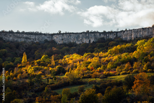 Falaises de Saint-Romain en Bourgogne. Paysage automnal. Une forêt en automne. Des arbres jaunes pendant l'automne dans une forêt au pied d'une falaise. Bande rocheuse.