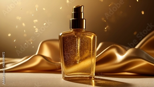 Cosmetic bottle with golden liquid on golden background.