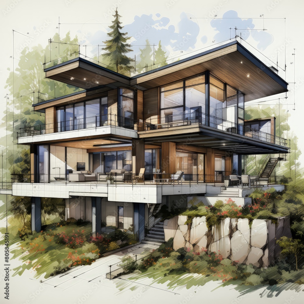 Fototapeta premium a rendering of a house with a balcony and a patio