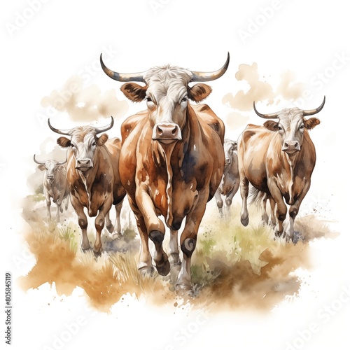 Bulls. Farm bulls. Farmyard animals. Ox clipart. Watercolor illustration. Generative AI. Detailed illustration.