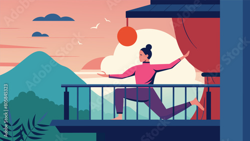 A serene atmosphere envelops a balcony as a person practices Tai Chi their movements fluid and deliberate.. Vector illustration