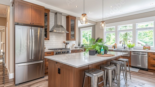 Modern kitchen design with sleek stainless steel appliances, quartz countertops, minimalist cabinetry for a clean, contemporary look