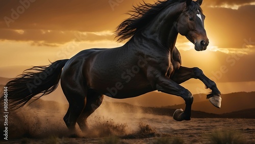 Beautiful Black Horse galloping in the field at sunset.