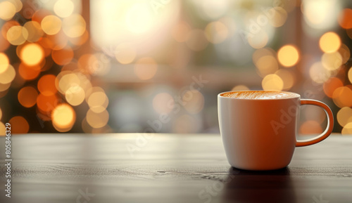 A coffee cup is placed on a table, a bokeh blurry background, recycled materials, and colors of dark white and light orange, embodying quantumpunk aesthetics.