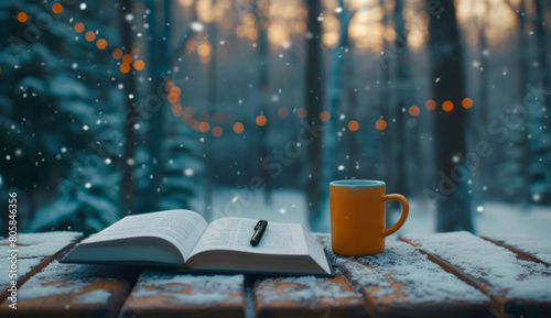 An open book, with a coffee mug and pen, is placed on a wooden table in a winter forest outdoors, mesmerizing colorscapes, a study place, and a mist. photo