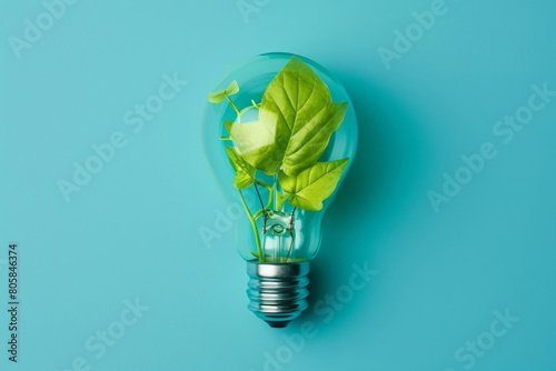 A green bulb, adorned with a green leaf and an energy-saving icon, a green eco lighting concept, minimalist collages, bright backgrounds