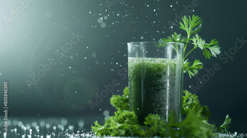 A green plant juice drink, made with epsom salt, chervil seeds, and parsley, a low depth of field, dark green and indigo colors, and Danish golden age aesthetics. photo
