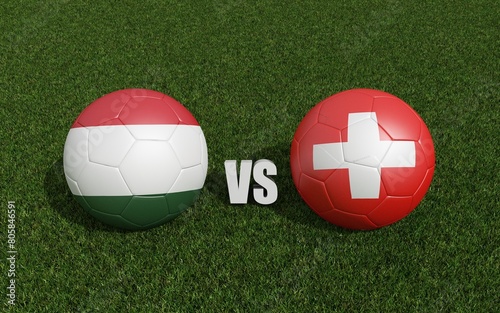 Footballs in flags colors on grass. Hungary with Switzerland. 3d rendering