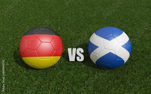 Footballs in flags colors on grass. Germany with Scotland. 3d rendering