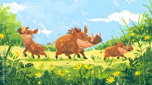 A joyful trio of animals frolicking in a sunny meadow © abangaboy