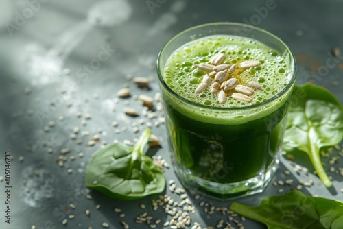 Green juice, with toasted sunflower seeds, on a gray background, showcasing tilt-shift lenses, indigo color, grid-based aesthetics, and subtle tones.