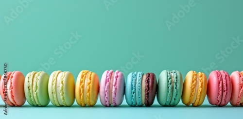 Colorful macaroons are seen lined up, showcasing a tondo effect and colors of light cyan, bronze, light magenta, and dark green. photo