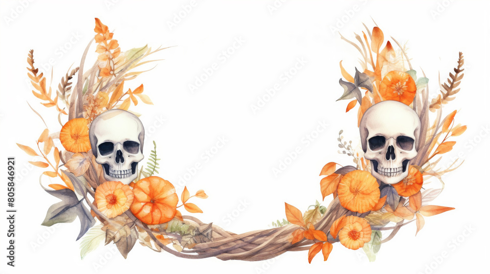 Halloween wreath with spooky elements and orange accents, cartoon watercolor, watercolor, cartoon, hand drawing, animation 3D, vibrant, minimalist style