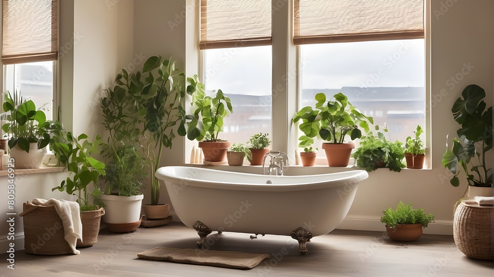 In a bathroom by a window, potted plants are placed next to a bathtub.