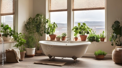 In a bathroom by a window  potted plants are placed next to a bathtub.