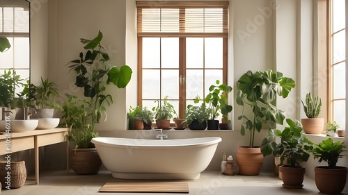 In a bathroom by a window  potted plants are placed next to a bathtub.