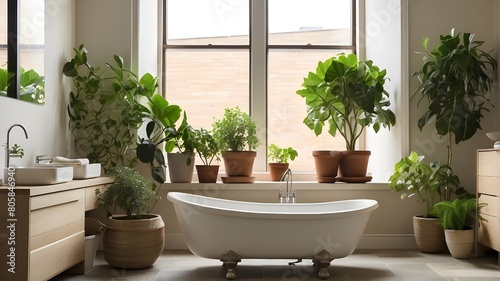 In a bathroom by a window  potted plants are placed next to a bathtub.