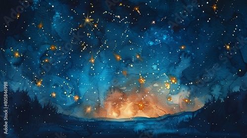 a watercolor painting of space dotted with stars and showcasing the Cancer constellation  elegantly set on textured watercolor paper.