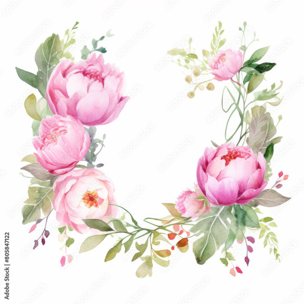 A romantic Valentine-themed frame featuring lush ivy and peonies in soft pink tones, rendered in a delicate watercolor style.