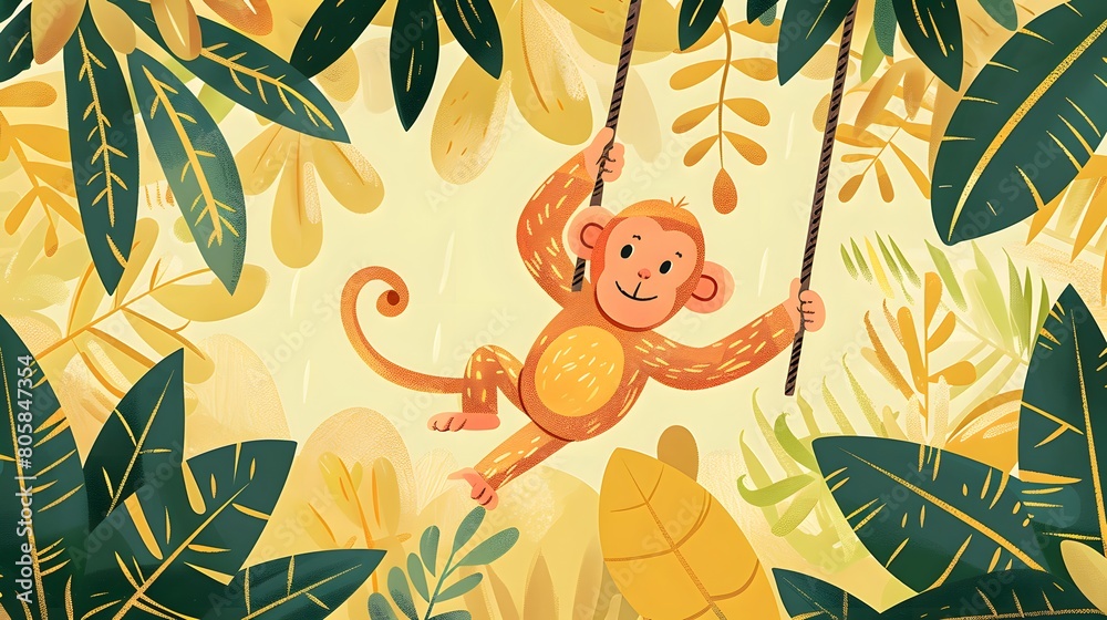 Fototapeta premium A playful monkey swinging through lush jungle foliage