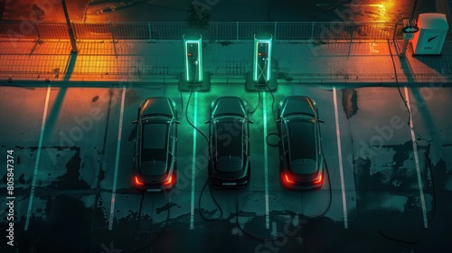 Aerial top view of a green energy charging station advancing electric vehicles at a public parking lot with EV car concept at night photo