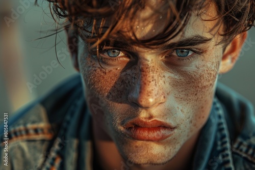 Striking close-up of a young individual with piercing blue eyes, freckles, and intense expression photo