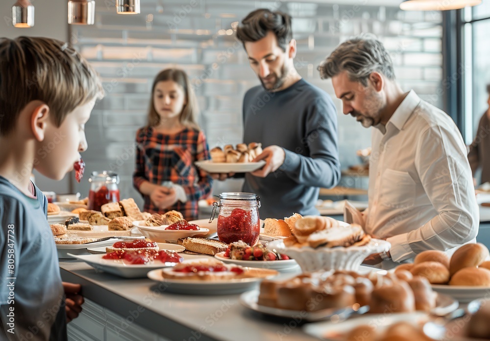 A family is picking food from a buffet set up at home, with a focus on togetherness and sharing a meal