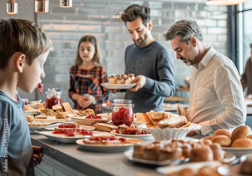 A family is picking food from a buffet set up at home  with a focus on togetherness and sharing a meal