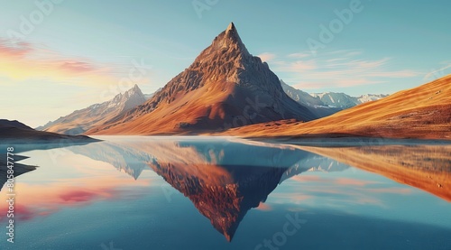 A breathtaking mountain peak with its mirror image in the still water of a serene lake during sunset