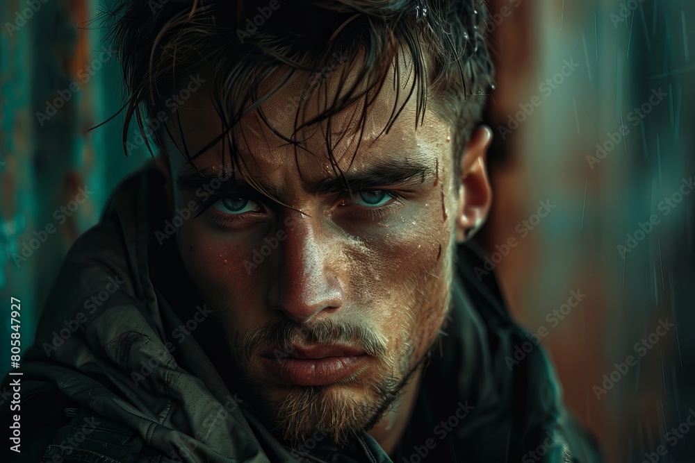 A close-up portrait of a young male with piercing blue eyes and wet hair, providing an intense and moody atmosphere