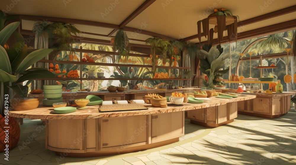 Buffet Counter in a Tropical Self-Service Dining Room.