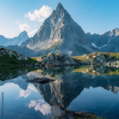 Crystal clear mirror-like reflection of a sharp mountain peak in placid lake waters with clear blue skies photo