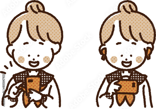 スマホを操作する学生　女の子　縦・横セット