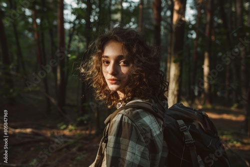 Young woman looking at the camera in the middle of a forest