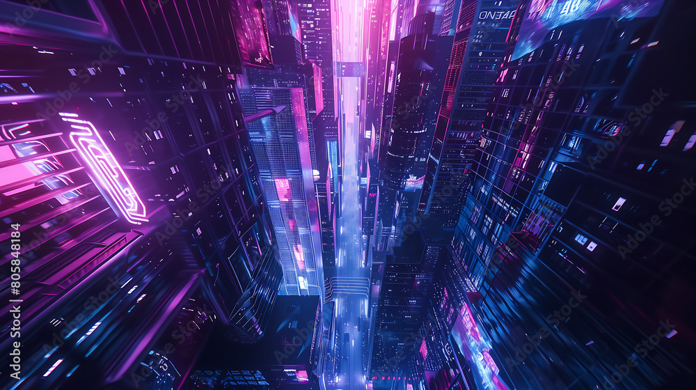 A neon cyberpunk cityscape with tall skyscrapers, glowing lights and holographic displays, looking down from above in the style of Tron Legacy, with a purple blue color theme