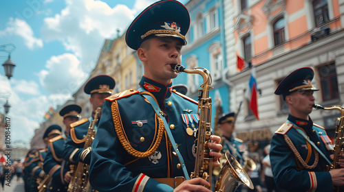 A military musical band marches at a festive military parade on the street, celebrating remembrance and independence day. photo