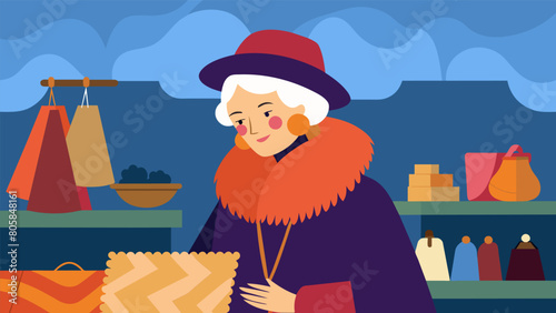 An older woman dons a stylish beret statement earrings and a vintage fur coat as she sifts through racks of vibrant scarves and shawls at a flea. Vector illustration