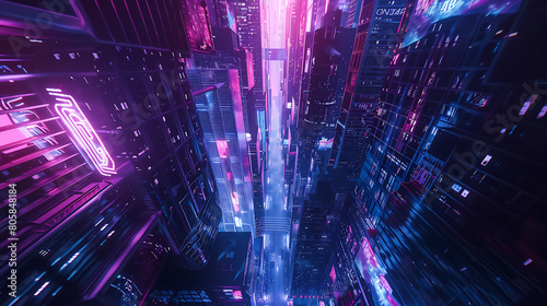 A neon cyberpunk cityscape with tall skyscrapers  glowing lights and holographic displays  looking down from above in the style of Tron Legacy  with a purple blue color theme
