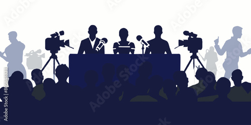Press conference interview flat vector illustration. Celebrity star or politician sitting at tribune table with a microphone answering journalist's questions.