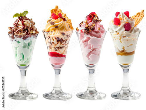 Set of ice cream, frozen dessert in tulip glass cup, on transparent background, cutout, PNG file. Different flavour. Mockup template for artwork design.