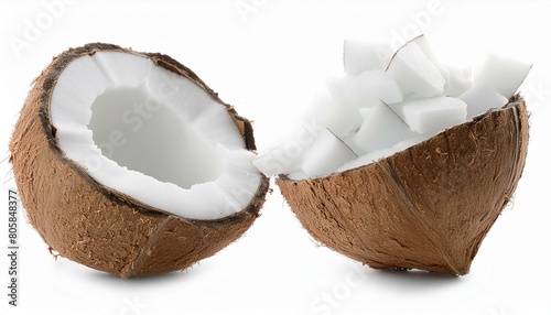 Fresh Coconut Halves: Isolated on White Background"