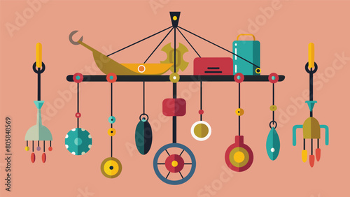 A unique mobile crafted from found objects at the thrift store such as old keys and discarded shoelaces amazes the judges at the art competition.. Vector illustration