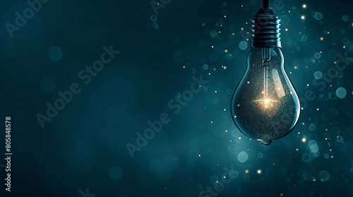 A single light bulb shines with a subtle glow, set against a dark, atmospheric backdrop