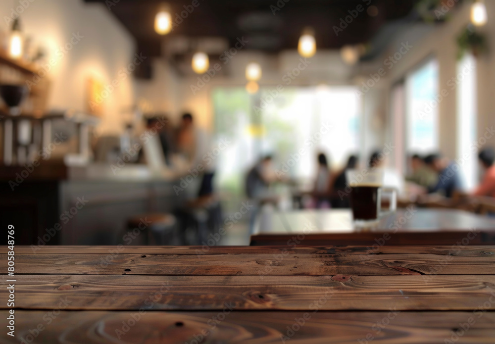 cafe kitchen table background, wood counter top on blur of white clean abstract home interior with bokeh. used for display or montage your wooden for dining background. tabl banner, podium
