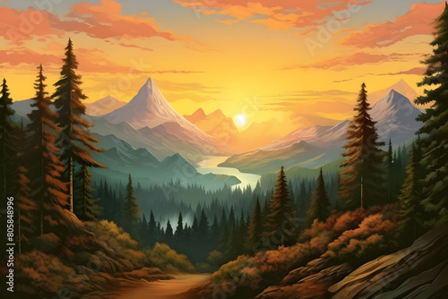 pine grove sunrise panorama, cascading light over alpine peaks
