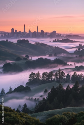 Foggy Hills Overlooking San Francisco Skyline at Sunrise