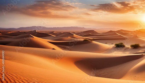 Sunset over sandy desert dunes