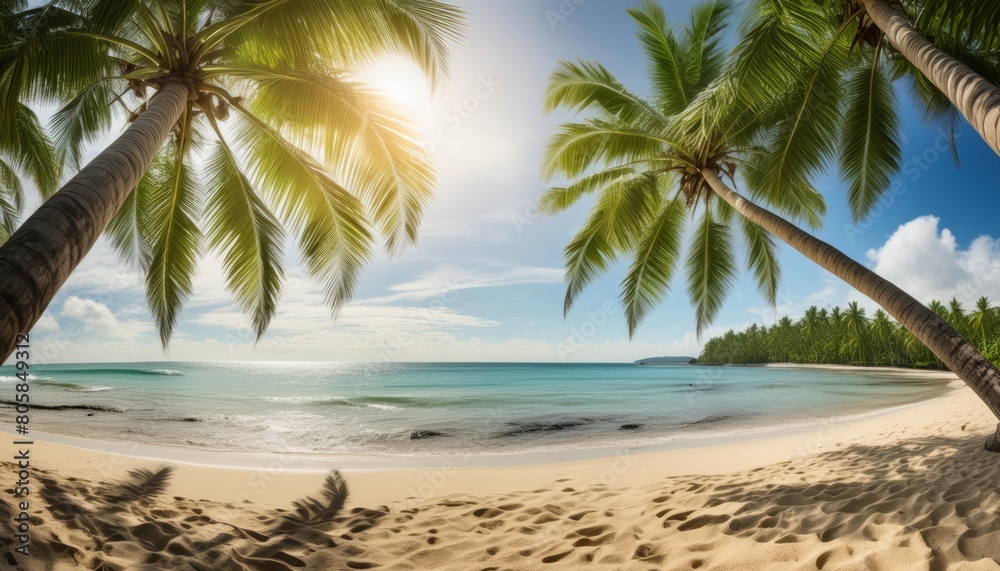 Wide-angle view of a serene tropical beach with palm trees and clear blue sky