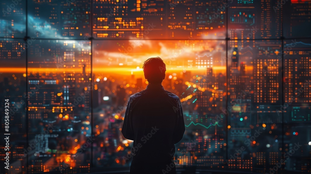 Mutual fund manager monitoring global investments, broad and detailed